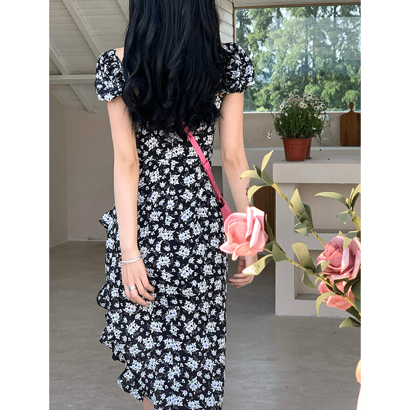 المرأة فستان أسود الفرنسية كسر الزهور نفخة قصيرة الأكمام عالية الخصر شق عادية فضفاض غير النظامية تنورة طويلة السيدات الصيف