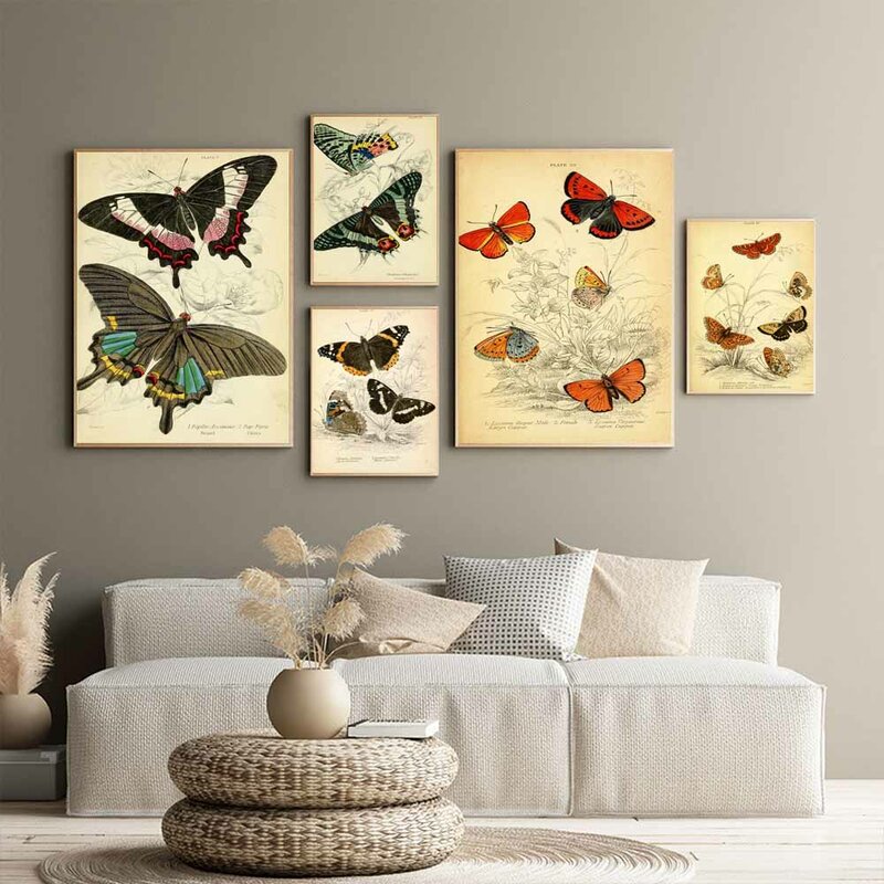 الرجعية الفن الحشرات تطور الطباعة قماش اللوحة جميلة فراشة الجدار ملصق فني مكتب غرفة المعيشة ديكور المنزل جدارية