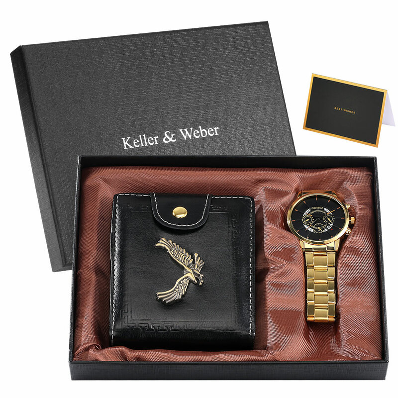 الأعمال ساعة رجالي مجموعة شخصية محفظة الفولاذ المقاوم للصدأ حزام ساعات كوارتز فاخرة هدية صندوق عيد الحب لصديقها