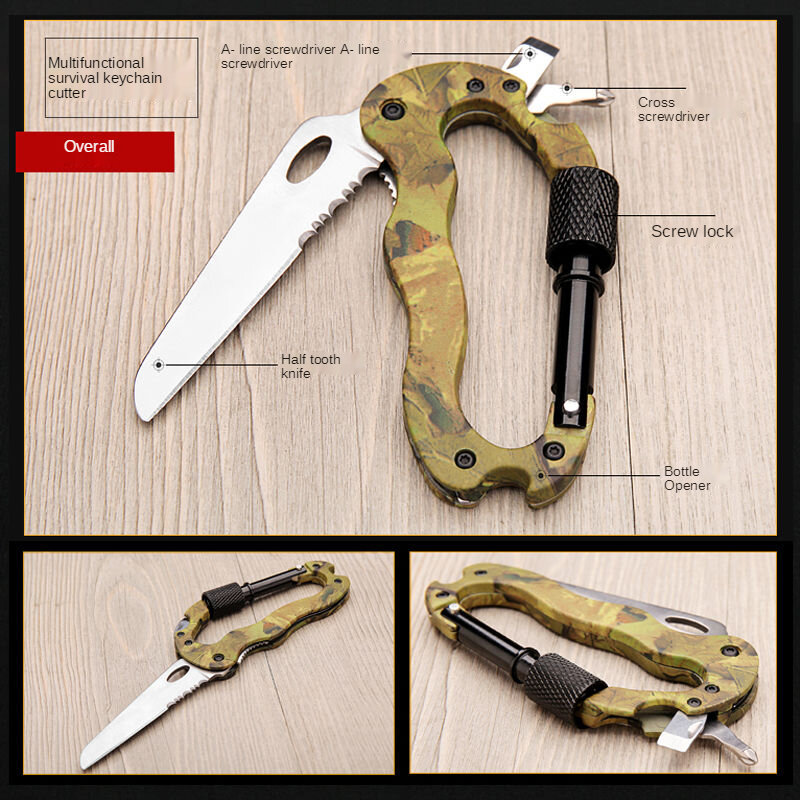 5 In 1 Multitool Carabiner Knife, Foldable Survival D Shape Keychain Buckle, Climbing Keychain Clip For Outdoor Hiking Camping