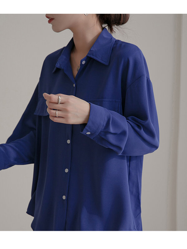 QOERLIN بلوزة زرقاء النساء 2023 بدوره إلى أسفل طوق كم طويل فضفاض بلايز عادية قمصان أنيقة مكتب السيدات قمصان بلوزة شيفون #6