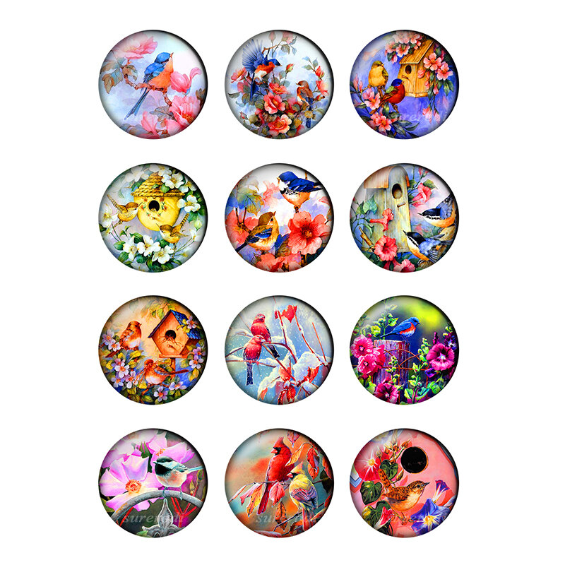 24pcs/lot Flowers & Birds Pattern Glass Cabochons 12mm 14mm 18mm 25mm Flat Back DIY Jewelry Making Findings & Components T179
