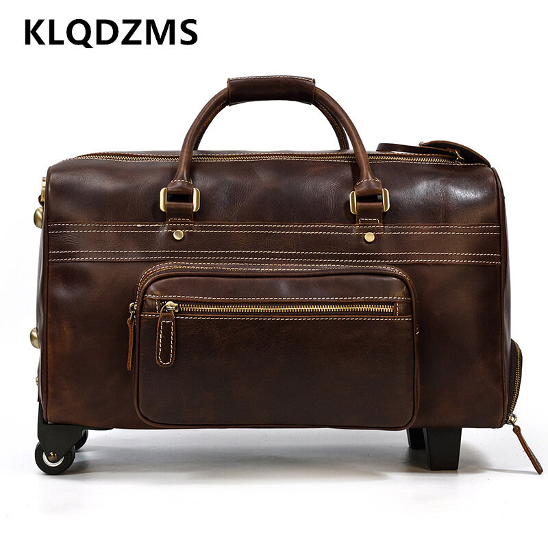 KLQDZMS  22" Inch Men's Leather High-quality Trolley Bags Retro Cowhide Suitcase Large Capacity Luggage Business Roller Handbag #1