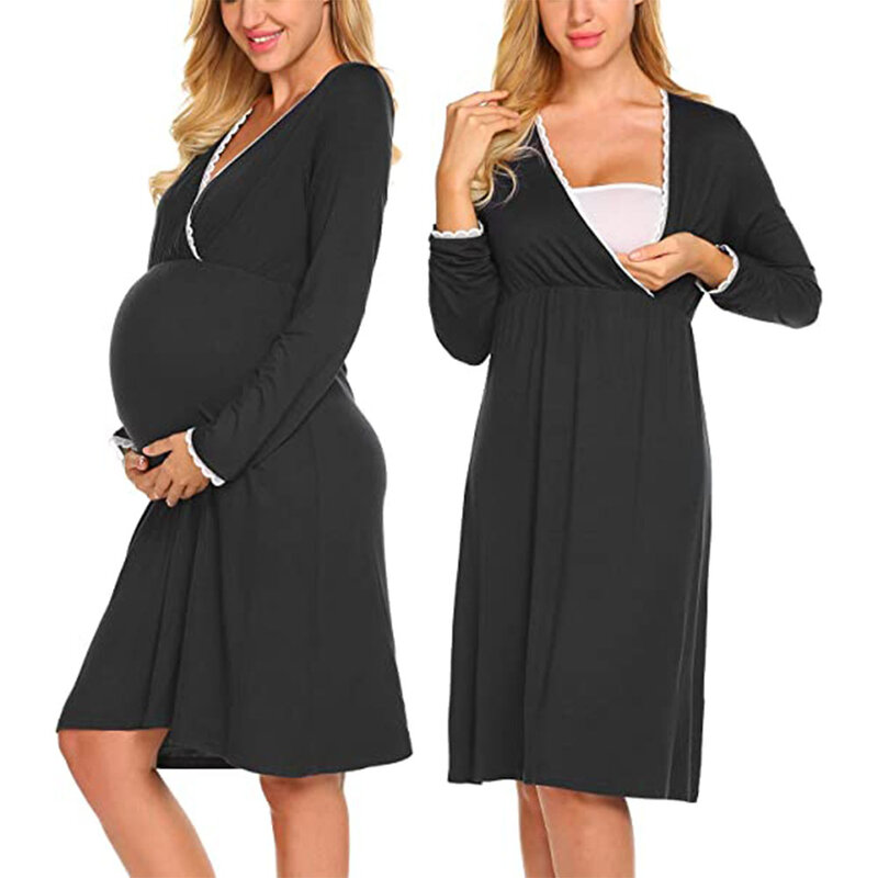 ملابس نوم للأمهات بأكمام طويلة للنساء 3 في 1 للتوصيل/المخاض/التمريض ثوب نوم مطوي للرضاعة الطبيعية فستان نوم روبا موخير