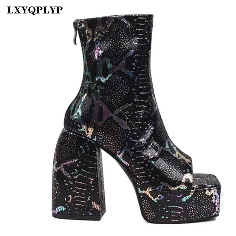2022 New Women's Boots Super High Heel Fish Mouth Print Rear Zipper European Luxury New Fashion Sexy Party Spring and Summer