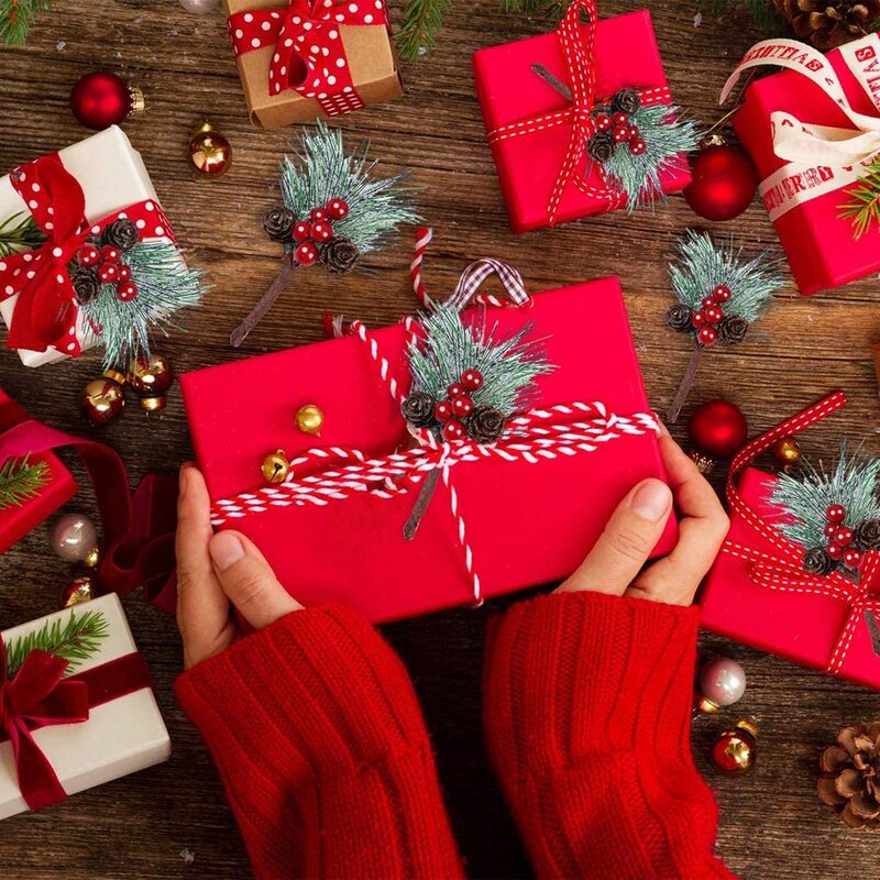10 قطعة عيد الميلاد الصنوبر يختار الأحمر بيري ينبع الجدة مصغرة وهمية الصنوبر المخاريط فروع لعيد الميلاد شجرة الديكور الحرف هدية حزمة