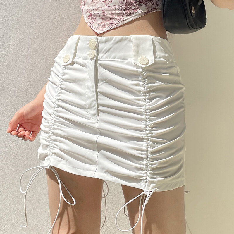 WeiYao White Solid Ruched Bandage Y2K Short Skirts Womens Summer 2022 Vacation Outfits Preppy Style Low Waist Pencil Skirt