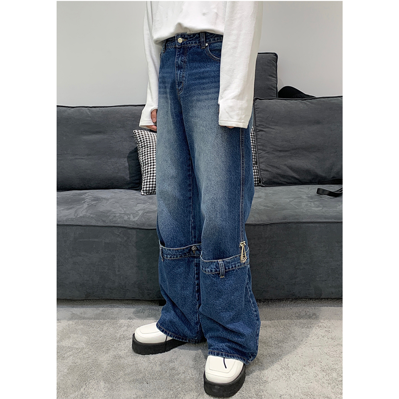 ملابس الشارع الرجالية 2022 تصميم جديد زر معدني استجمام أزرق جينز مستقيم اسطوانة واسعة الساق ممسحة السراويل الخريف الإناث