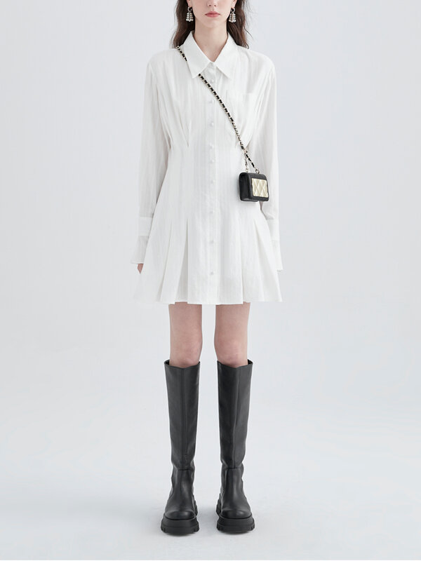 الأبيض متوهج فستان بأكمام طويلة المرأة الربيع والخريف تصميم جديد الفرنسية مزاجه الخصر ضئيلة مطوي قميص تنورة الإناث