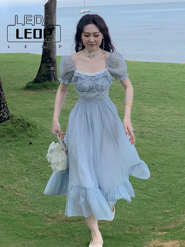 LEDP 2022 Casual Fashion Lace Chic Lolita Dress Summer Blue Elegant Fairy Dress Women Bow Bandage Party Midi Dress Women