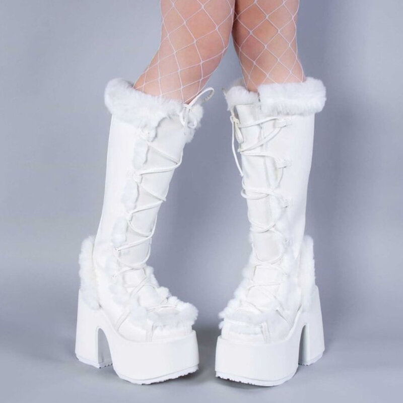 حذاء حريمي ماركة ريبانيني مصنوع من الفرو ذو كعب عريض وتصميم قوطي حذاء حريمي بكعب عالي حذاء حفلات دافئ للسيدات