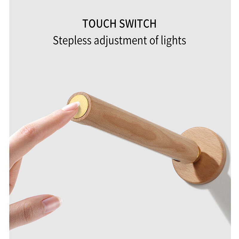 مصباح ضوء ليلي خشبي قابل للتدوير بمنفذ USB ضوء شحن يعمل باللمس مع خاصية التحكم في الممر بدون توقف مستشعر LED مصباح جداري لغرفة النوم