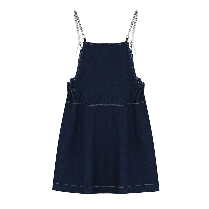 الأزرق الدنيم سلسلة سوسبندر فستان الإناث الصيف الفرنسية عالية الخصر تصميم ضئيلة ألف خط سترة دون أكمام جان تنورة Frocks للنساء