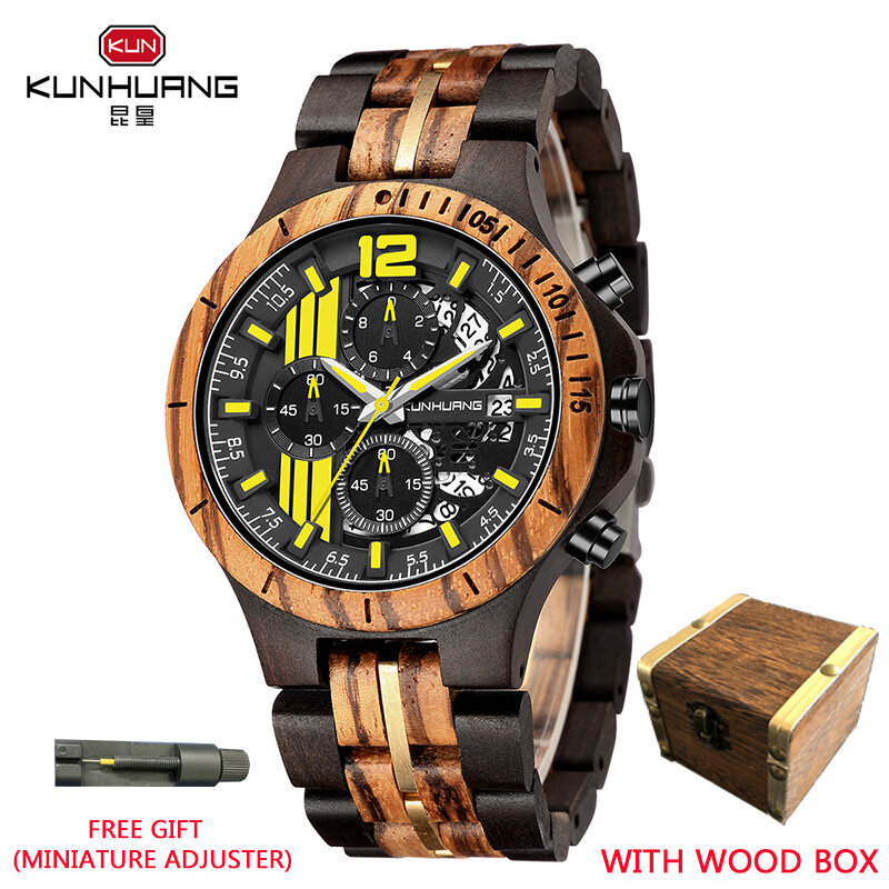 كونهوانغ الجوز خشبية الرجال الساعات الخشب الطبيعي حالة السيارات تاريخ ساعة خشب ساعة تبسيط عادية للرجال هدية