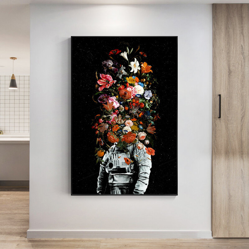 رائد الفضاء زهرة الفضاء المشارك مجردة يطبع قماش اللوحة الحديثة الجدار ملصق فني صورة لغرفة المعيشة ديكور المنزل كوادروس