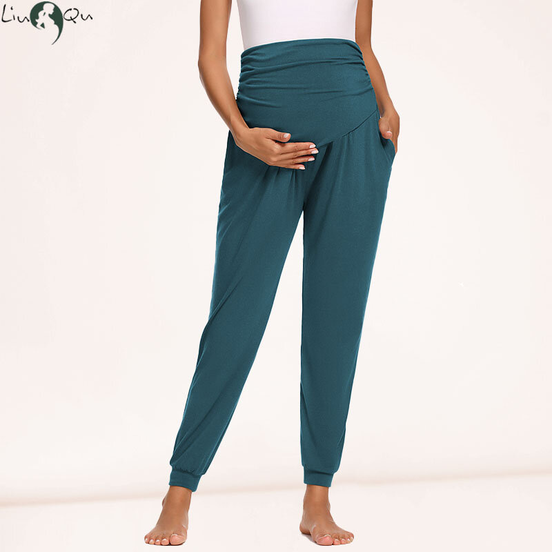 السراويل الأمومة النسائية على البطن بسط عالية الخصر الحمل Sweatpants مريحة الركض الركض مع جيوب #1