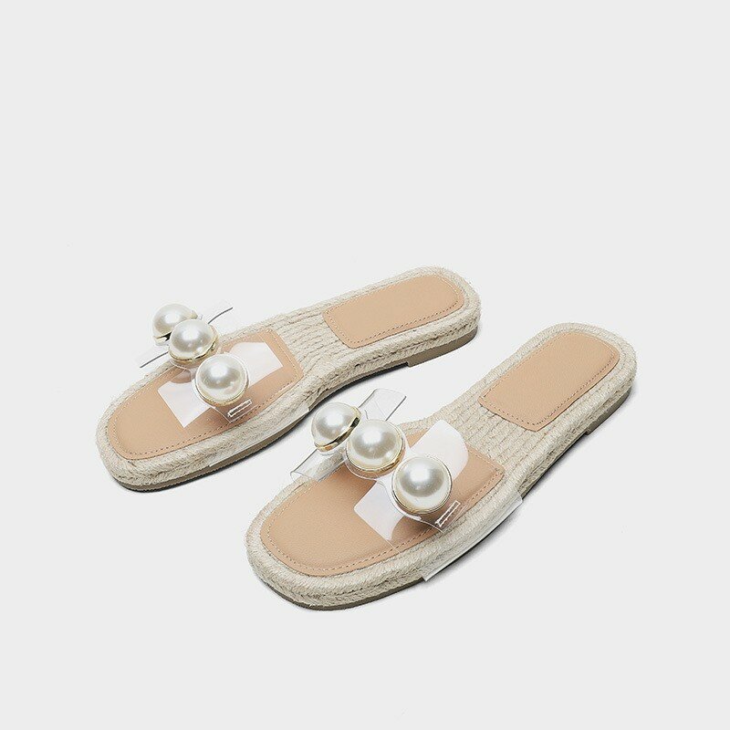 Women Slippers Natural Color Transparent Pvc Pearl Ladies Slippers Outdoor Flat Bottom Romen Summer Sandals Women Casual Shoes