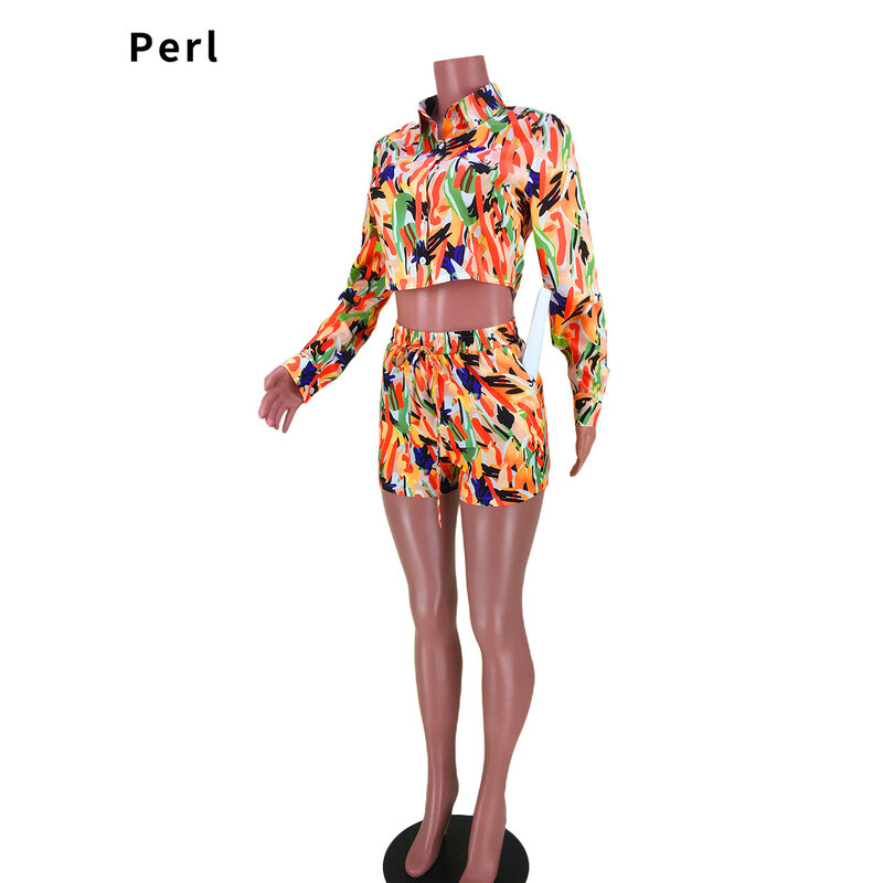 Perl مطبوعة كم كامل بلوزات + بدلة قصيرة موضة قطعتين مجموعة عادية مطابقة الزي جديد أنيق النساء الملابس عالية الشارع ارتداء