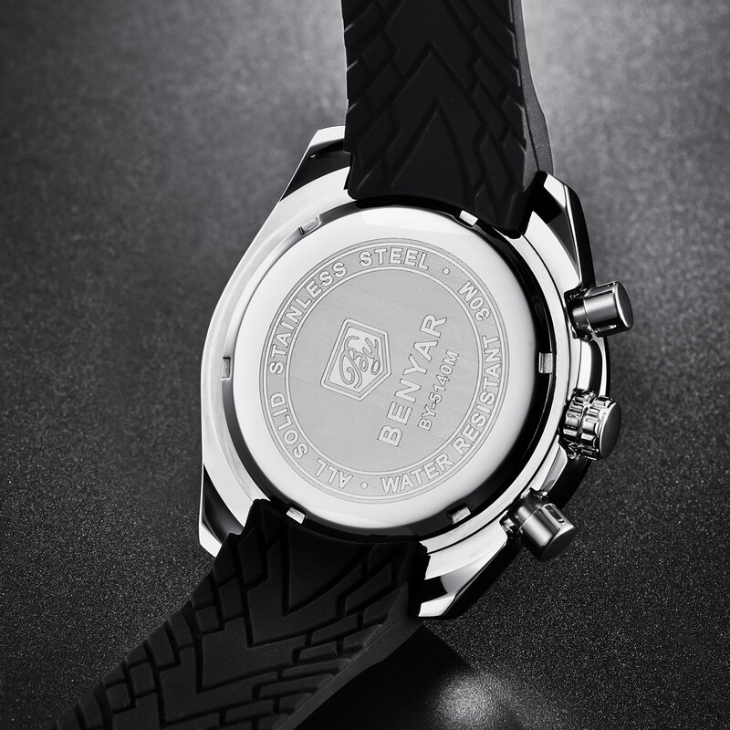 BENYAR الرجال موضة ساعة كوارتز كرونوغراف ساعة اليد مضيئة مقاوم للماء التقويم الفولاذ المقاوم للصدأ سيليكون حزام Hardlex