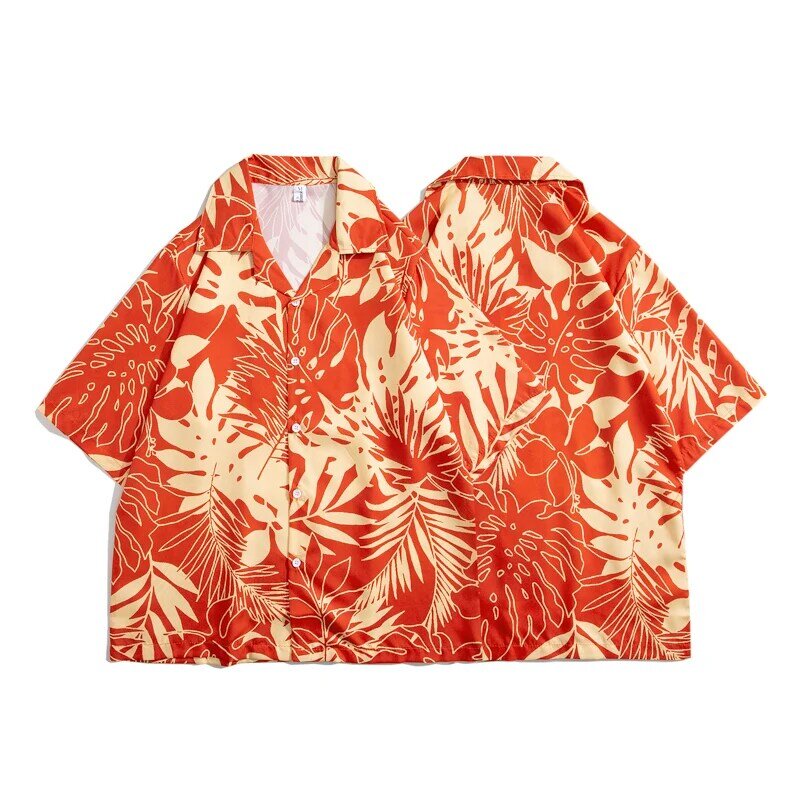 2023 هاواي قميص الرجال موضة الشارع الشهير هندسية مطبوعة بلوزة واحدة الصدر الشاطئ قصيرة الأكمام ملابس رجالي عطلة