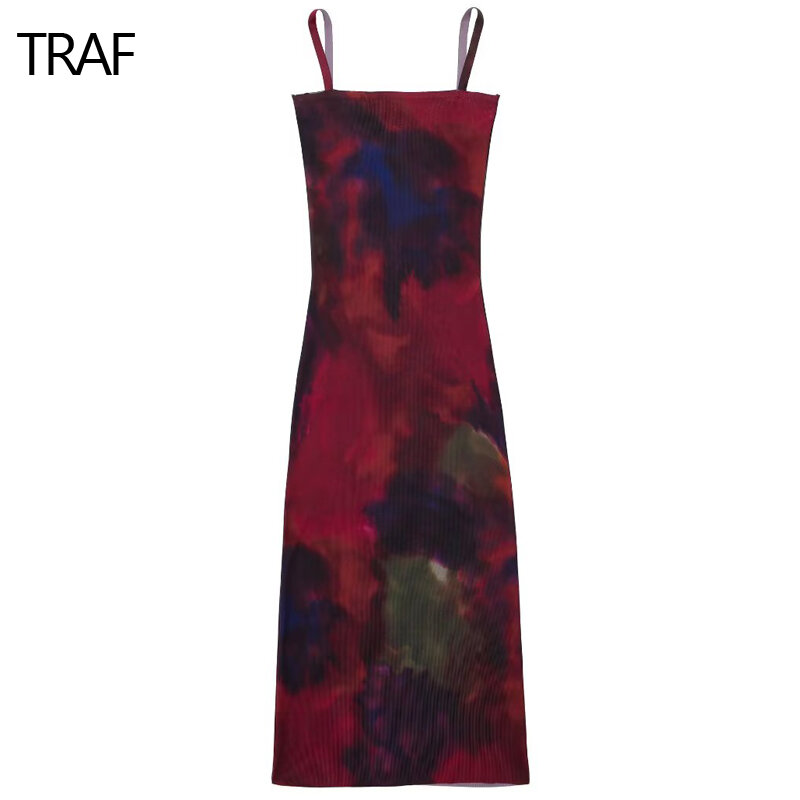 TRAF Women's Slip Dress Backless Red Bodycon Tie-Dye Knit Slip Dress for Women 2023 Summer Sexy Ladies Floral Fashion Midi Dress