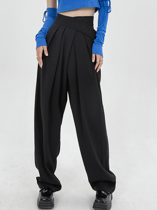 Irregular High Waist Black Suit Pants Women's Summer Thin Section Commuter Straight Wide Leg Casual Trousers Female