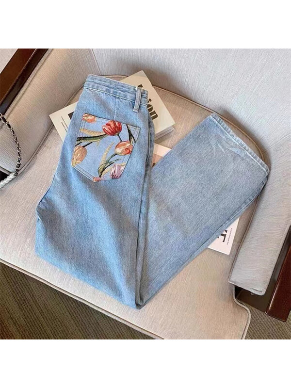 توليب طباعة مستقيم جينز المرأة الربيع ريترو هونغ كونغ نمط تصميم سليم عالية الخصر بنطال ذو قصة أرجل واسعة الأزرق الدنيم السراويل الإناث
