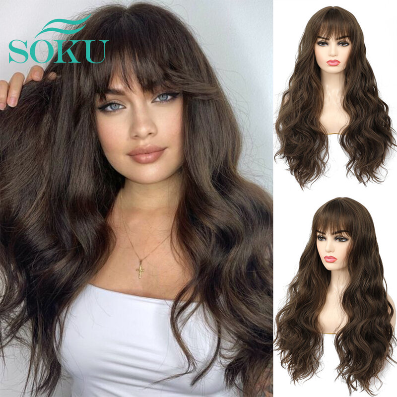 Synthetic Wavy Wig With Bangs Long Wavy Soft Natural Looking Wig Hairline SOKU Dark Brown Heat Resistant Hair For White Women