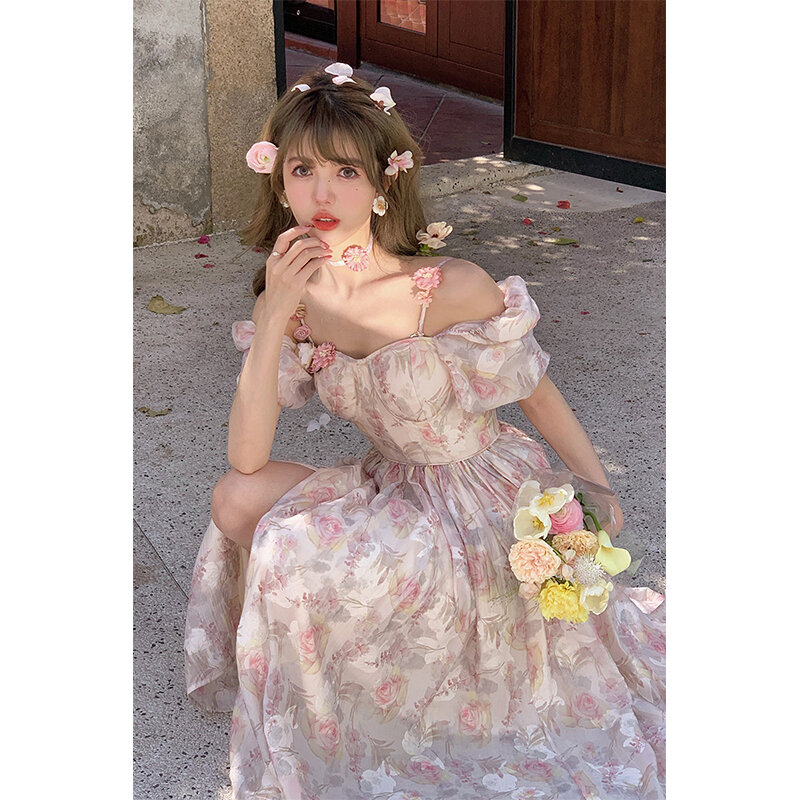 المرأة الفرنسية كسر الزهور فستان الزهور الأشرطة نفخة قصيرة الأكمام Vintage تنورة عالية الخصر فضفاض طويل السيدات الصيف