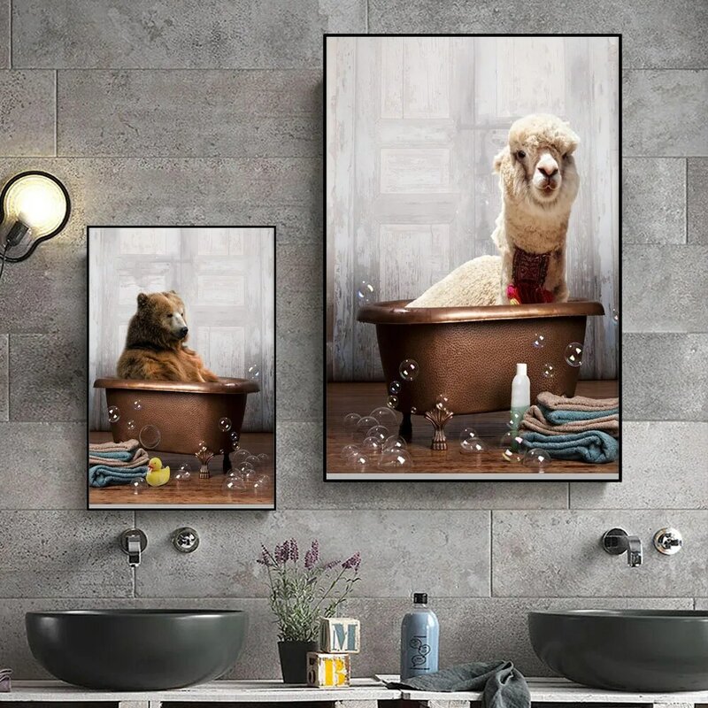 الحيوان قماش اللوحة في الحمام جميل الألبكة الفيل البقرة الزرافة المرحاض الجدار ملصق فني ديكور المنزل جدارية