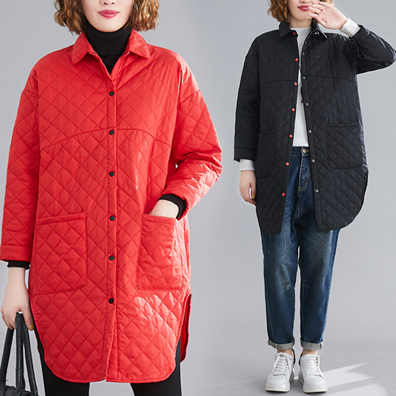 Down Coat Winter Autumn New Oversize Mid-length Irregular Hem Plaid Quilted Women Parkas Casual Fashion Big Pocket Cotton Jacket