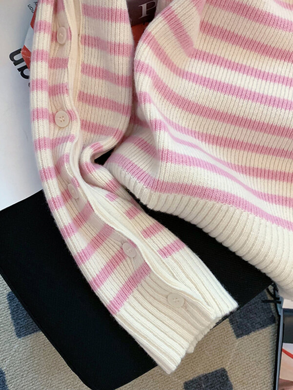 Sweaters Women Pink Striped Korean 2022 Long Sleeve Button Cute Sweet Girls Loose Pullovers Simple Knitted Autumn Winter