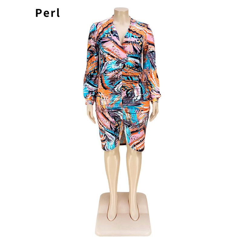 فستان موضة Perl ذو رقبة على شكل v مطبوع عليه فتحة وأكمام مفرغة ومزودة بطيات مقاس كبير ملابس نسائية ذات تصميم منحني عند الخصر مناسب للسيدات 2022