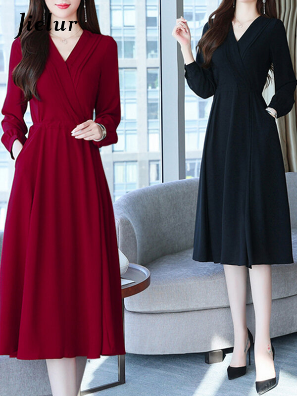 Jielur الفرنسية موضة الشيفون فستان طويل الإناث الخريف جديد الخامس الرقبة طويلة الأكمام أسود أحمر فستان المرأة أنيقة مكتب سيدة Vestidos
