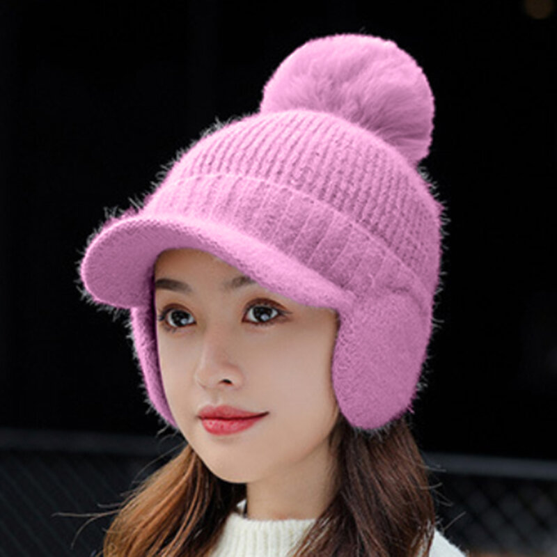 Warm Winter Knitted Beanies Hats Women Thick Warm Beanie Skullies Hat Female Knit Ear Caps Pompom Outdoor Riding Sets 2022