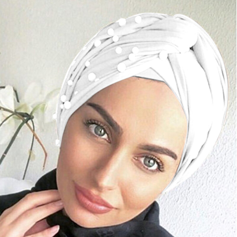 2022 ربيع الخريف النساء وشاح أنيقة السيدات قبعة صغيرة النساء المسلمين عمامة الحجاب الداخلي موضة الخرز الديكور قبعة حجم واحد