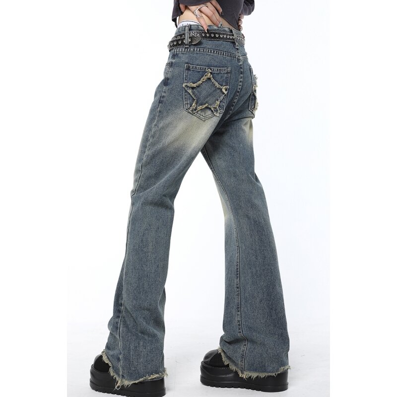 بنطلون جينز نسائي أزرق عتيق على الموضة الأمريكية بأرجل واسعة من الجينز بنطلون جينز نسائي مستقيم فضفاض من قماش الدنيم