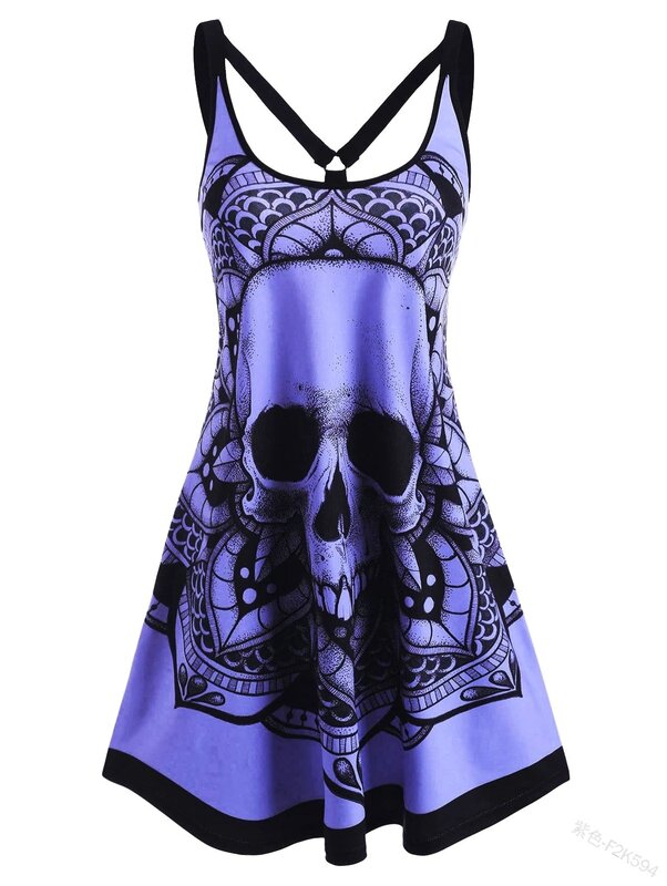 Summer Gothic Skull Print Dress Women Vestido Feminino Sleeveless Camis Tank Tops Casual Dresses Sexy Strap Mini Dress