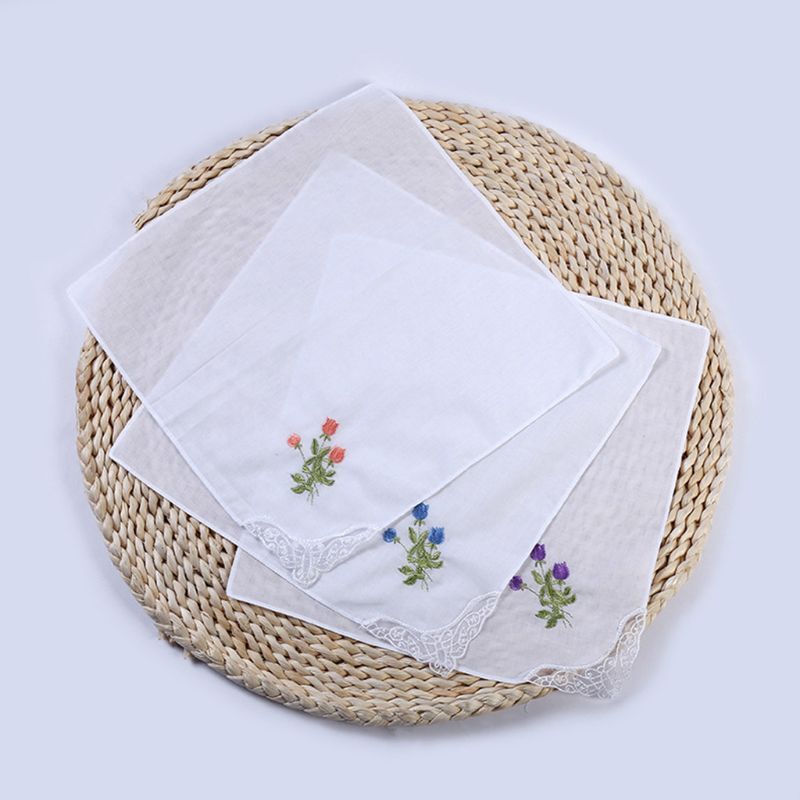 5Pcs Womens Cotton Handkerchiefs Floral Embroidered Butterfly Lace Pocket Hanky