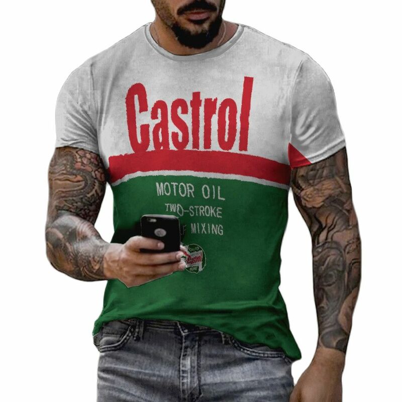 Vintage Castrol T قميص للرجال ثلاثية الأبعاد النفط طباعة قصيرة الأكمام بلايز الشارع طاقم الرقبة الرجال القمصان المتضخم المحملة قميص رجل الملابس