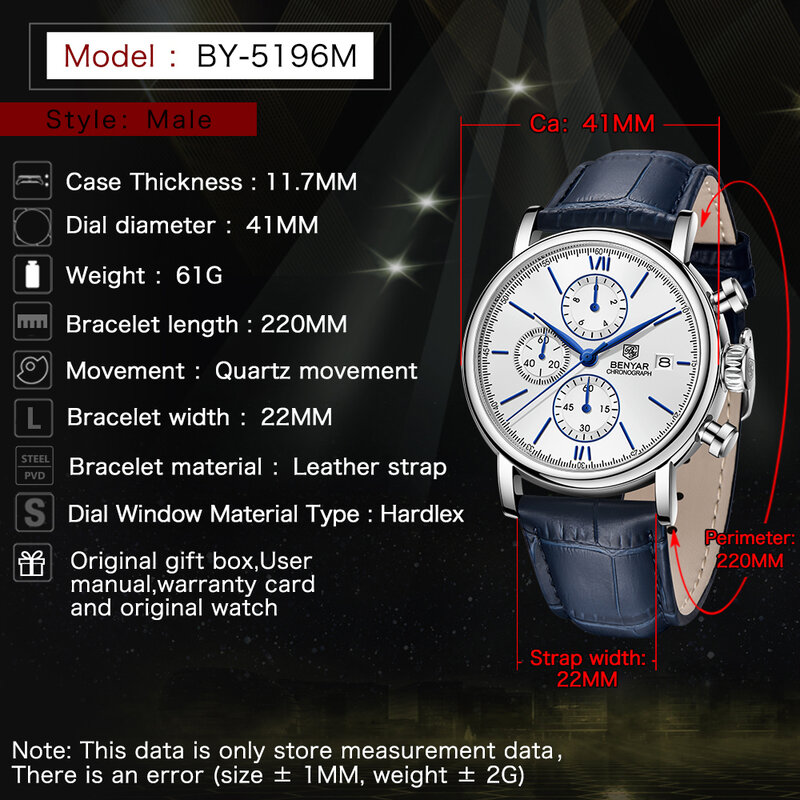 2022 BENYAR Sport Men Watch Quartz Wristwatch 41MM Pilot 5Bar Waterproof Clock Luxury Chronograph reloj hombre BY5196 New #3