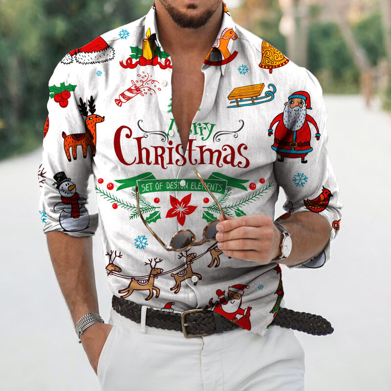 جديد وصول عيد الميلاد قمصان الرجال طويلة الأكمام تي شيرت موضة الملابس الاجتماعية ثلاثية الأبعاد طباعة التلبيب بلوزة حجم كبير زي الحفلات