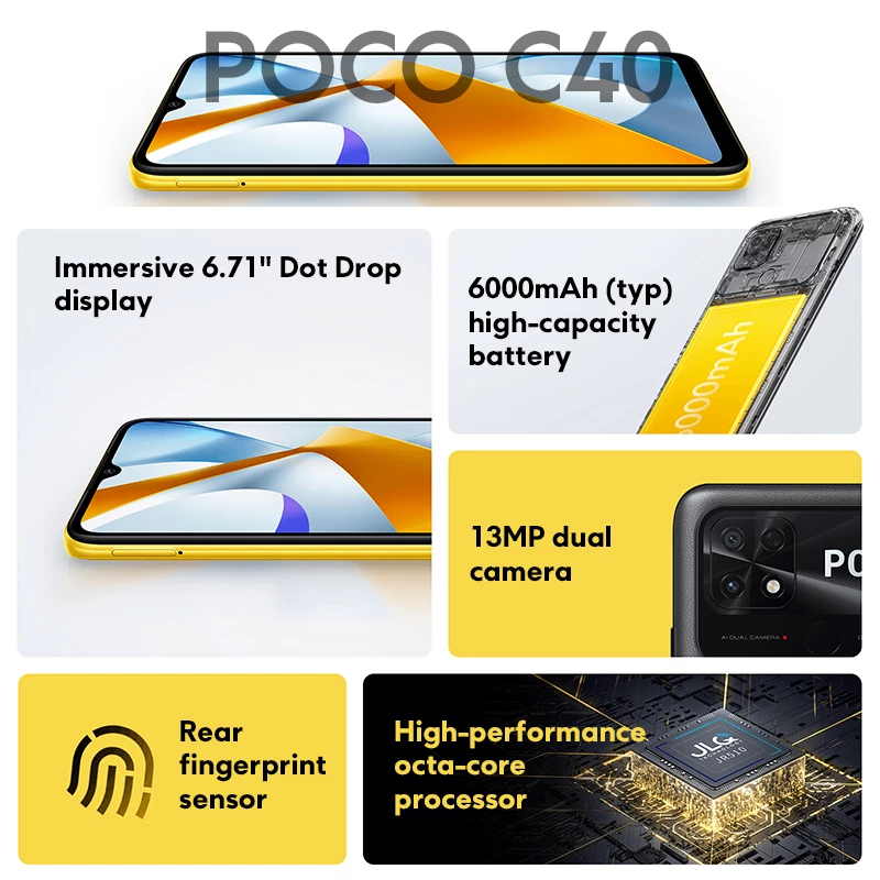 هاتف POCO C40 الذكي الإصدار العالمي ذاكرة 32 جيجابايت/64 جيجابايت معالج ثماني النواة شاشة 6.71 بوصة DotDrop كاميرا مزدوجة 13 ميجابكسل بطارية شحن سريعة 18 ...
