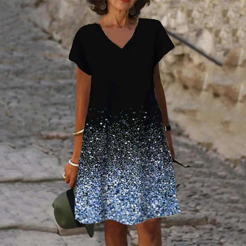 2022 الصيف المرأة الجميلة رسمة مطبوعة فساتين الخامس الرقبة Absract فستان مُزين بطباعة تخفيف طول الركبة عادية حجم كبير بلوزات جديدة