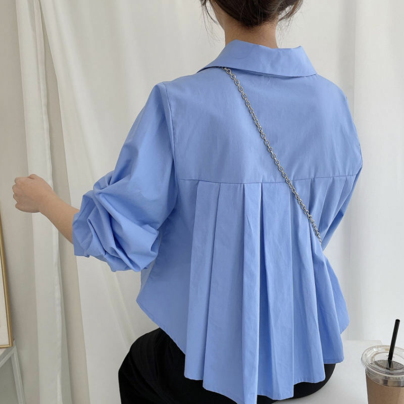QWEEK Kawaii قمصان Harajuku المرأة البلوزات الكورية نمط الأبيض الأزرق Preppy نمط الحلو لينة الفتيات طويلة الأكمام بلايز غير المتكافئة