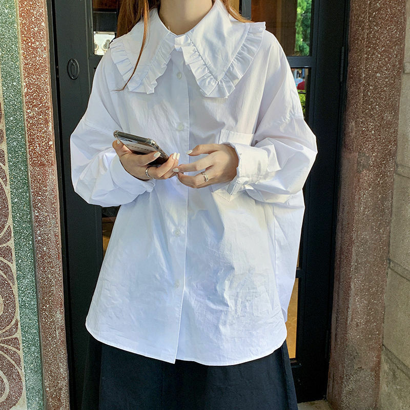 QWEEK Kawaii المرأة بلوزة Harajuku الحلو لينة الفتيات الكورية نمط Preppy قميص أبيض المتضخم طويلة الأكمام قميص خارجي الخريف