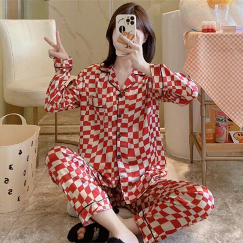 Summer Silk Satin Pajamas Set Woman Printed Long Sleeve Sleepwear Pijamas Suit Female Sleep Two Piece Loungewear Plus Size #6
