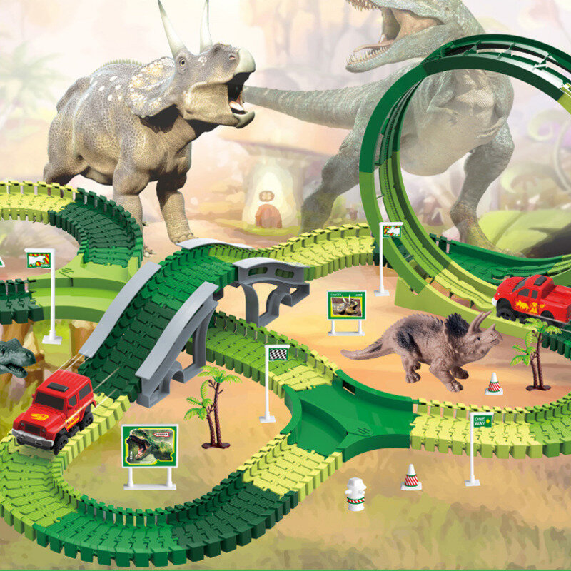 ديناصور السكك الحديدية لعبة سيارة سباق ماجيك المسار لعبة مجموعة التعليمية الانحناء دييكاست سباق المسار ضوء فلاش سيارة لعب للأطفال الأولاد