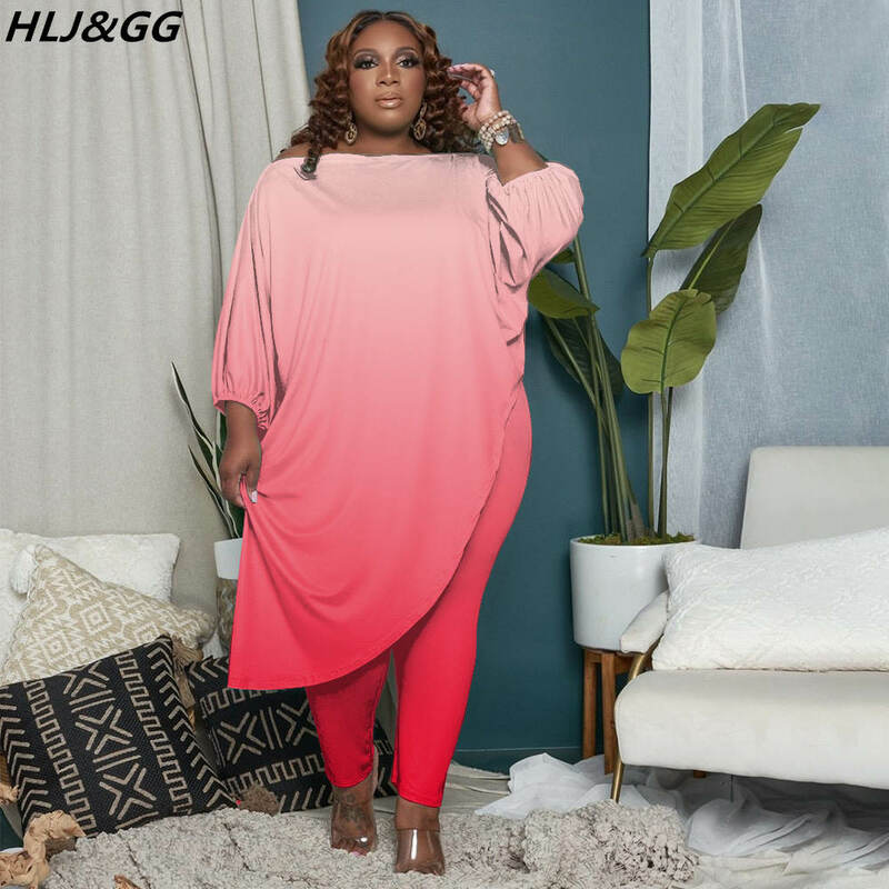 HLJ & GG موضة التدرج بلون قطعتين مجموعات النساء حجم كبير الملابس XL-5XL خريف كم طويل بلوزات وسراويل وتتسابق
