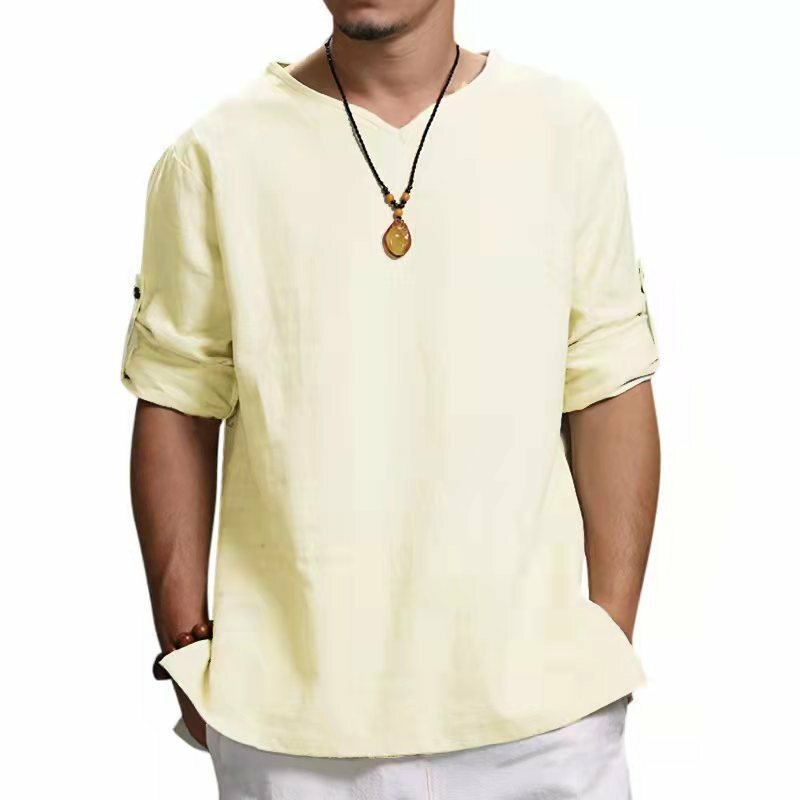 2022 Summer Solid cotton and linen T Shirt High Quality Solid Color Loose V-neck Fashion Design Slim Fit long sleeve Shirts